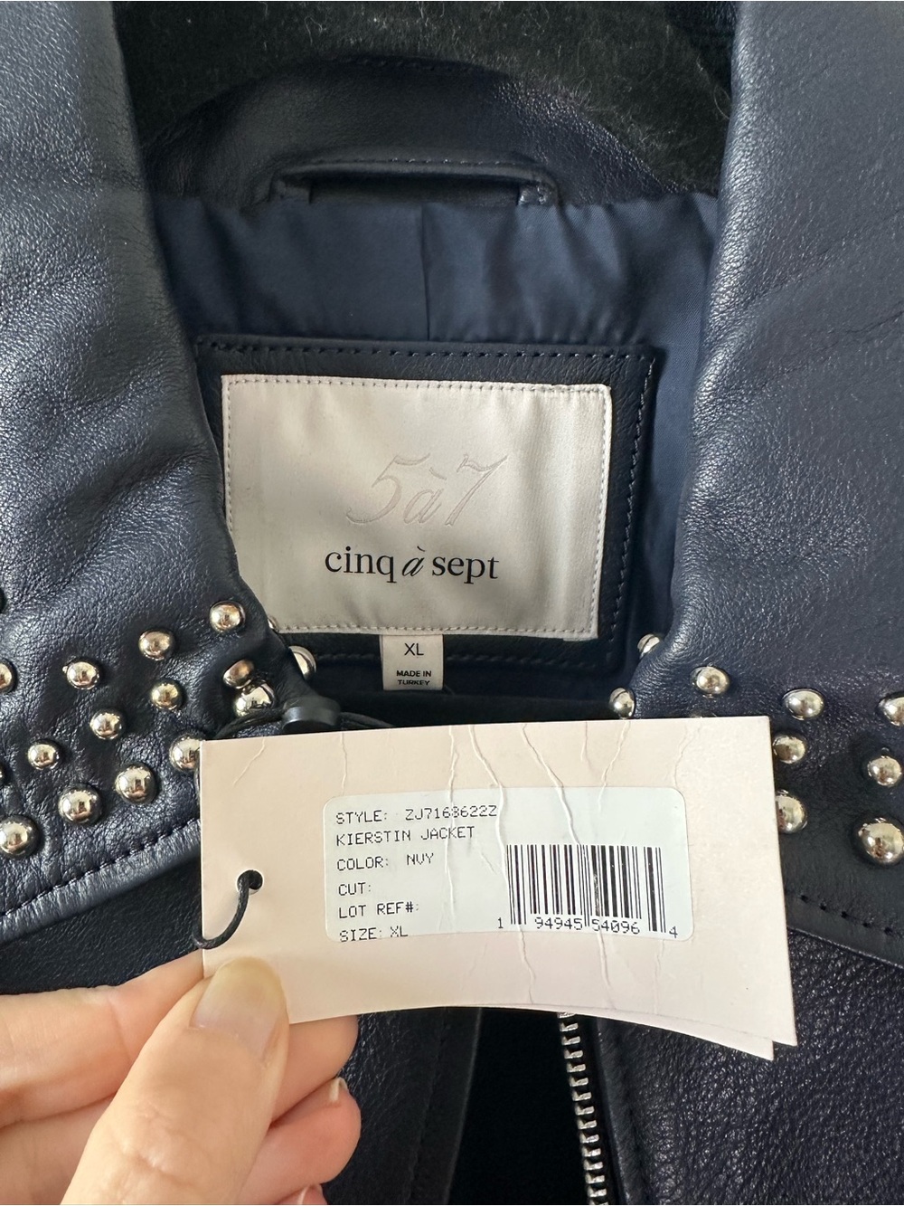 Cinq à Sept Kierstin Stud Detail Leather Navy Blue Jacket SZ XL NWT - Picture 3 of 8